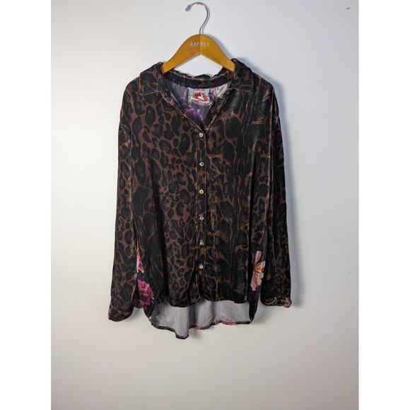 Johnny Was Tops - Johnny Was Velvet Leopard & Floral Long Sleeve Button Up Shirt Top M READ